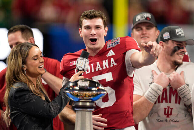 Jan 9, 2026; Atlanta, GA, USA; Indiana Hoosiers quarterback Fernando Mendoza (15) reacts after the 2025 Peach Bowl and semifinal game of the College Football Playoff at Mercedes-Benz Stadium. Mandatory Credit: Dale Zanine-Imagn Images Fernando Mendoza Las Vegas Raiders