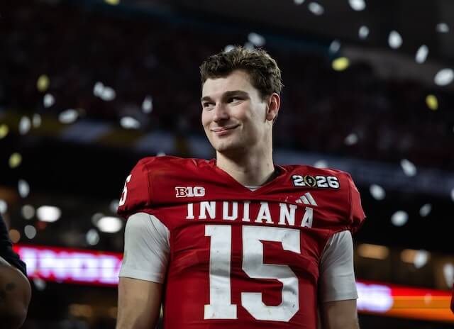 Jan 19, 2026; Miami Gardens, FL, USA; Indiana Hoosiers quarterback Fernando Mendoza (15) celebrates after defeating the Miami Hurricanes in the College Football Playoff National Championship game at Hard Rock Stadium. Mandatory Credit: Mark J. Rebilas-Imagn Images Fernando Mendoza, Raiders