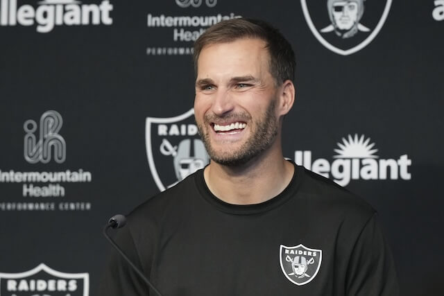 Apr 8, 2026; Las Vegas, NV, USA; Las Vegas Raiders quarterback Kirk Cousins speaks at a press conference at Intermountain Health Performance Center. Mandatory Credit: Candice Ward-Imagn Images Kirk Cousins, Raiders
